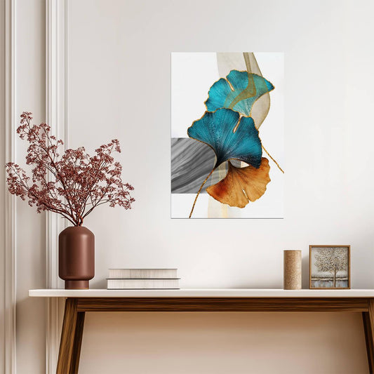 Golden and Blue Ginkgo Leaves | Elegant Botanical Art | Minimalist Nature Poster