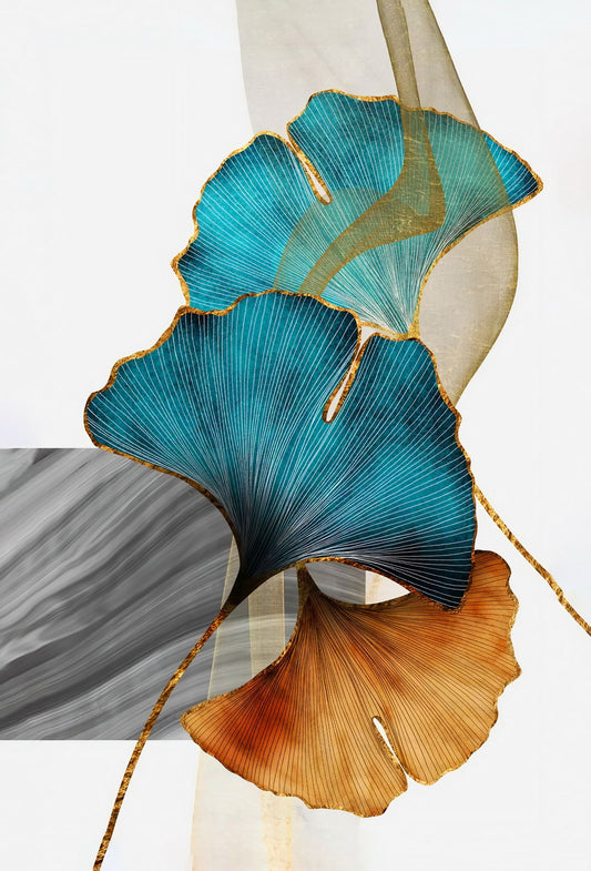 Golden and Blue Ginkgo Leaves | Elegant Botanical Art | Minimalist Nature Poster