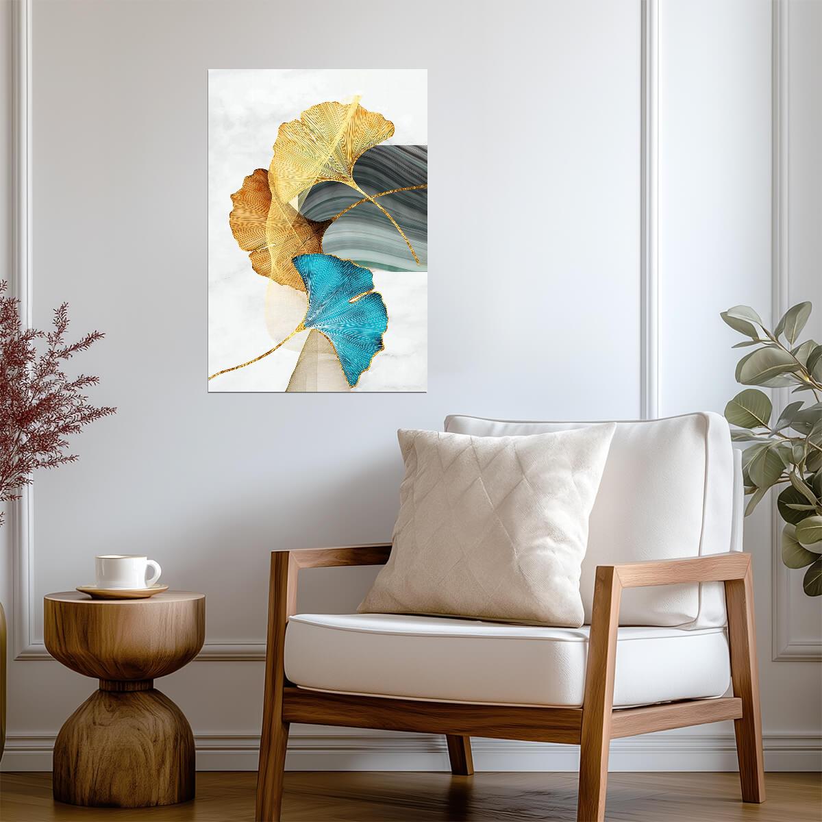 Elegant Ginkgo Leaf Duo | Golden and Blue Botanical Art | Modern Nature Poster