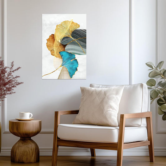 Elegant Ginkgo Leaf Duo | Golden and Blue Botanical Art | Modern Nature Poster