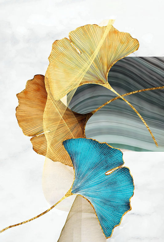 Elegant Ginkgo Leaf Duo | Golden and Blue Botanical Art | Modern Nature Poster
