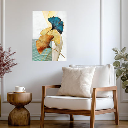 Minimalist Golden and Blue Ginkgo | Modern Botanical Art | Nature Wall Poster