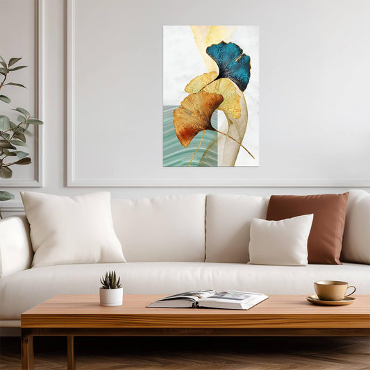 Minimalist Golden and Blue Ginkgo | Modern Botanical Art | Nature Wall Poster