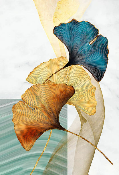 Minimalist Golden and Blue Ginkgo | Modern Botanical Art | Nature Wall Poster