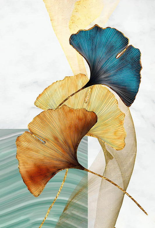 Minimalist Golden and Blue Ginkgo | Modern Botanical Art | Nature Wall Poster