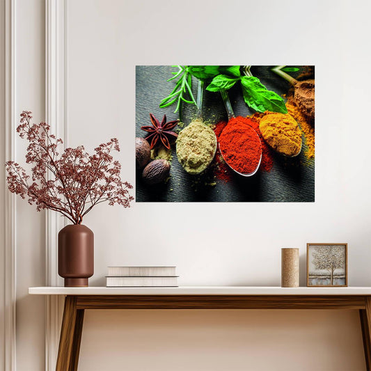 Assorted Spices in Spoons | Culinary Photography Print | Vibrant Kitchen Poster