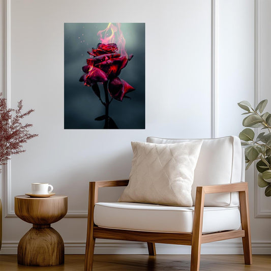Burning Red Rose | Surreal Floral Art Print | Dramatic Dark Flower Poster