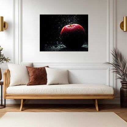 Red Apple with Water Droplets | Dramatic Fruit Photography | Modern Kitchen Poster