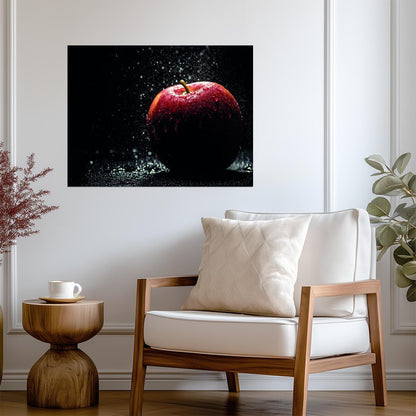 Red Apple with Water Droplets | Dramatic Fruit Photography | Modern Kitchen Poster