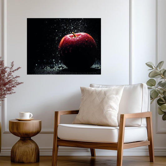 Red Apple with Water Droplets | Dramatic Fruit Photography | Modern Kitchen Poster