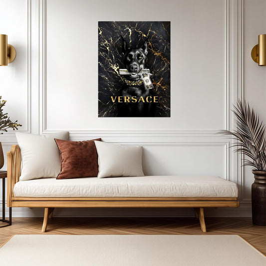Doberman with Gold Gun | Versace Fashion Parody Art | Luxury Modern Art Poster