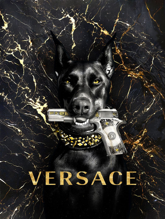 Doberman with Gold Gun | Versace Fashion Parody Art | Luxury Modern Art Poster