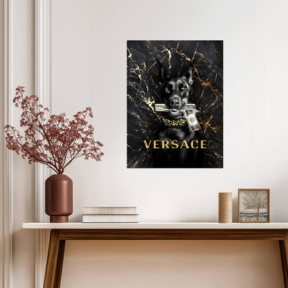 Doberman with Gold Gun | Versace Fashion Parody Art | Luxury Modern Art Poster