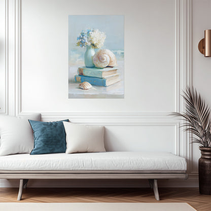 Still Life with Flowers, Books and Seashell | Coastal Granddaughter Bookish Aesthetic Poster